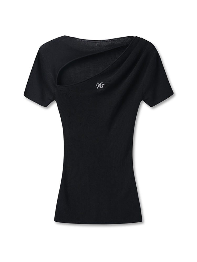 Diagonal Open Hollow-out Asymmetric Regular Shoulder T-Shirt