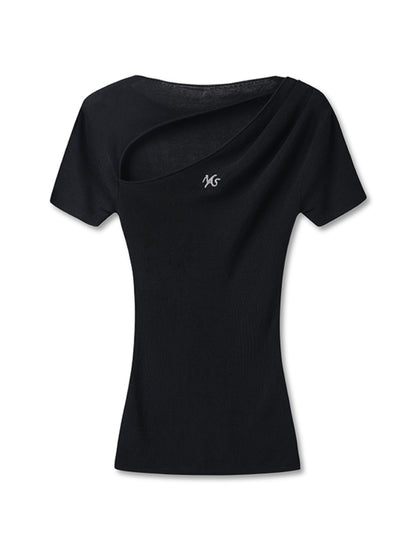 Diagonal Open Hollow-out Asymmetric Regular Shoulder T-Shirt
