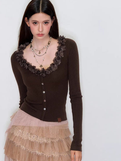 Ruffle V-Neck Knit Cardigan