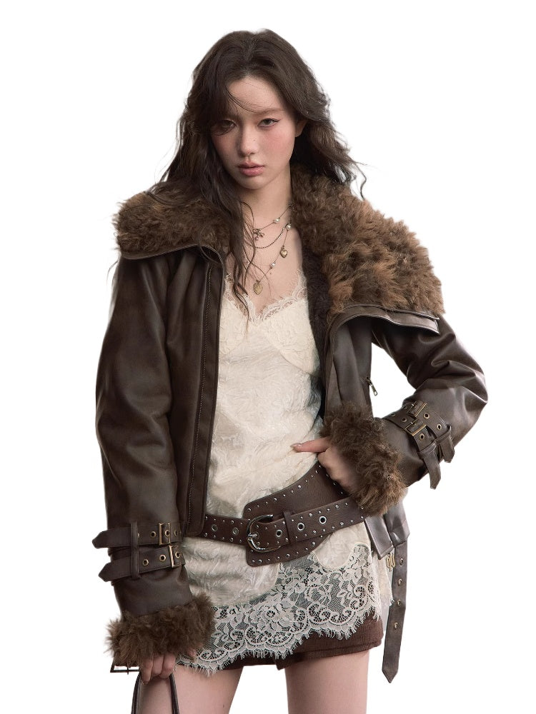 Faux Shearling Fur Collar Short Jacket