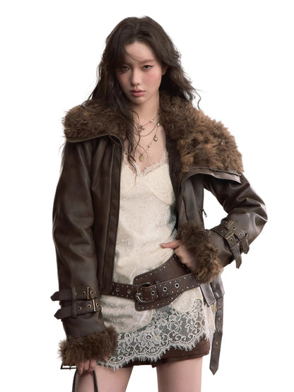 Faux Shearling Fur Collar Short Jacket