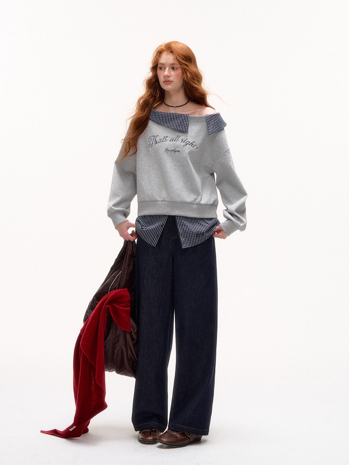 Plaid Embroidery Off-Shoulder Sweatshirt