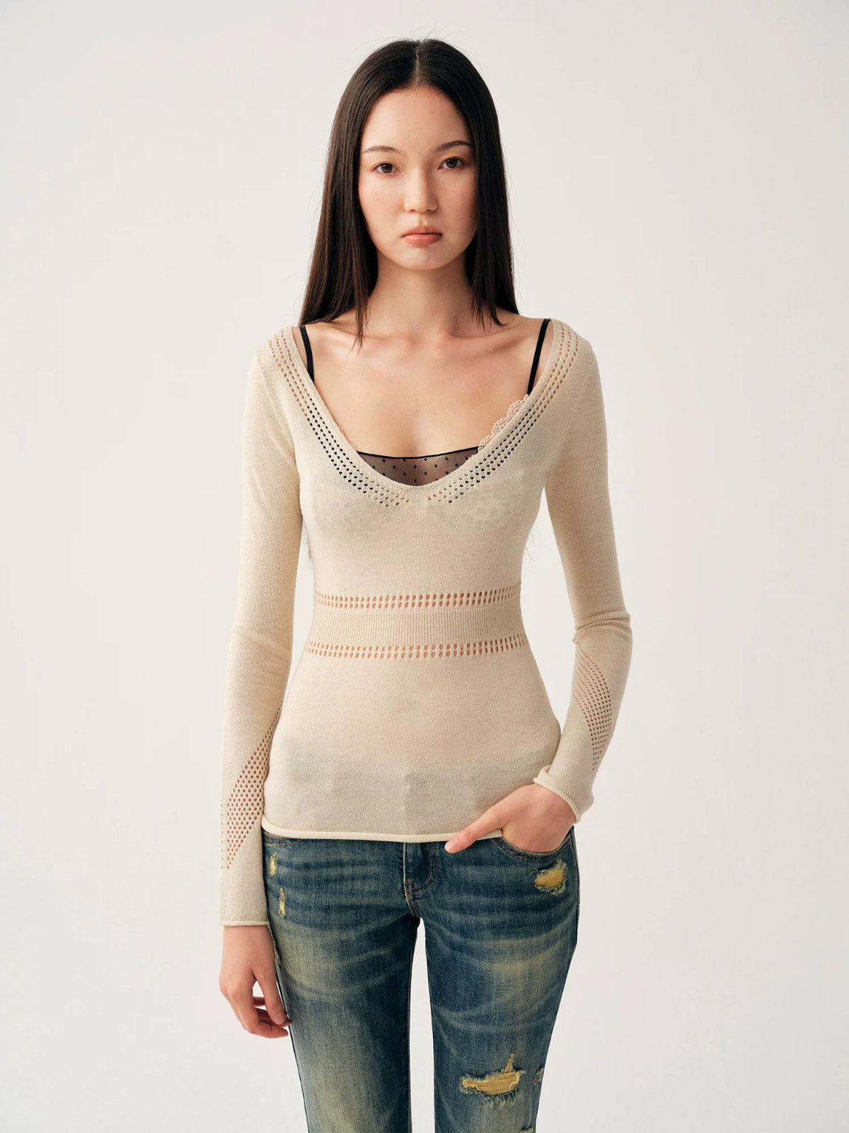 Hollow Knit Long Sleeve Top