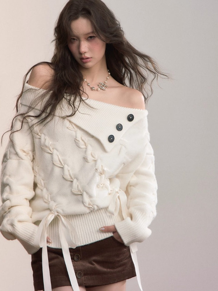 White Off-Shoulder Cross-knit Strap Sweater