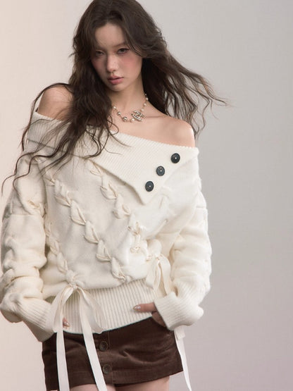 White Off-Shoulder Cross-knit Strap Sweater