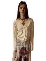 Ruffle Trim Ruched Knit Cardigan