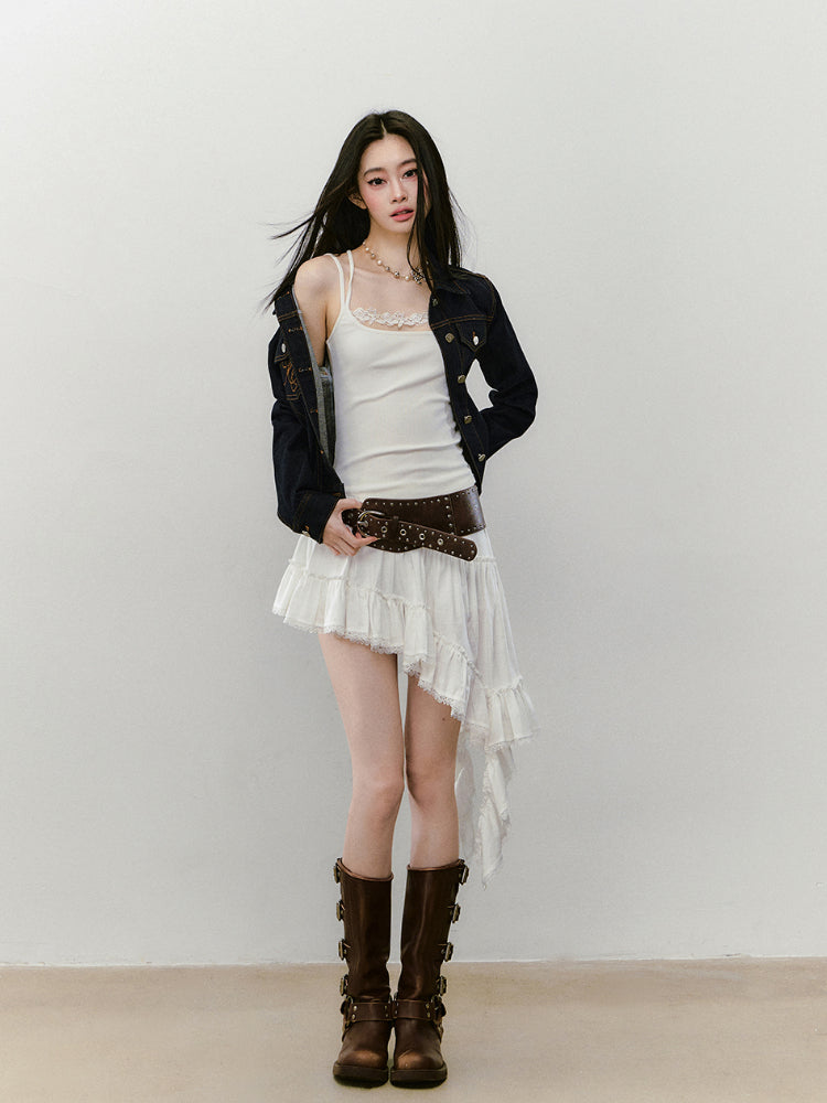 Irregular Hem Ribbon Lace Midi Skirt