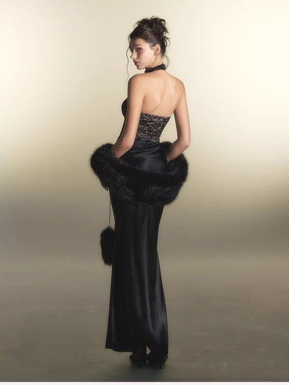 Black Lace Panel Acetate Dress