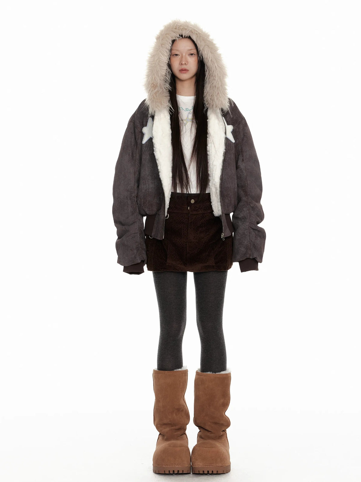 Distressed Fur Hooded Padded Jacket
