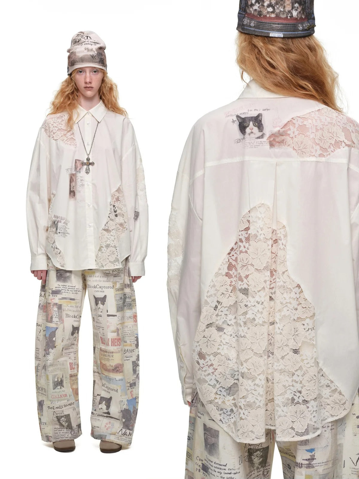 Cat Print Lace Panel Shirt
