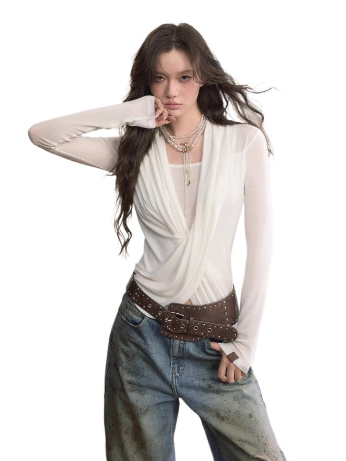 Draped Cross-Layered Faux Two-Piece Long Sleeve Tee
