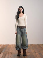 Studded Asymmetric U-Neck Long Sleeve Knit Top