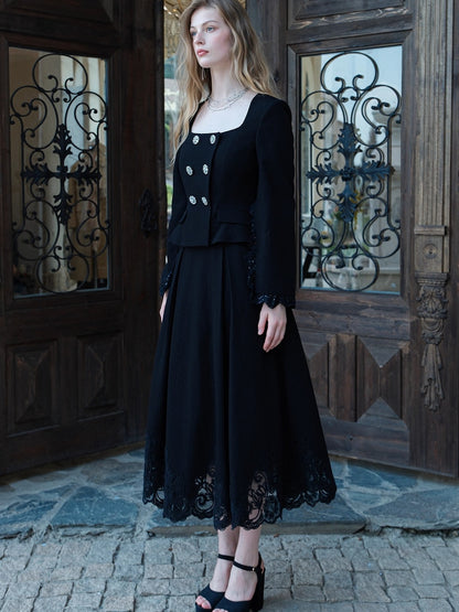 Mirage Vintage Lace-Collar Blazer &amp; Flared Skirt Set