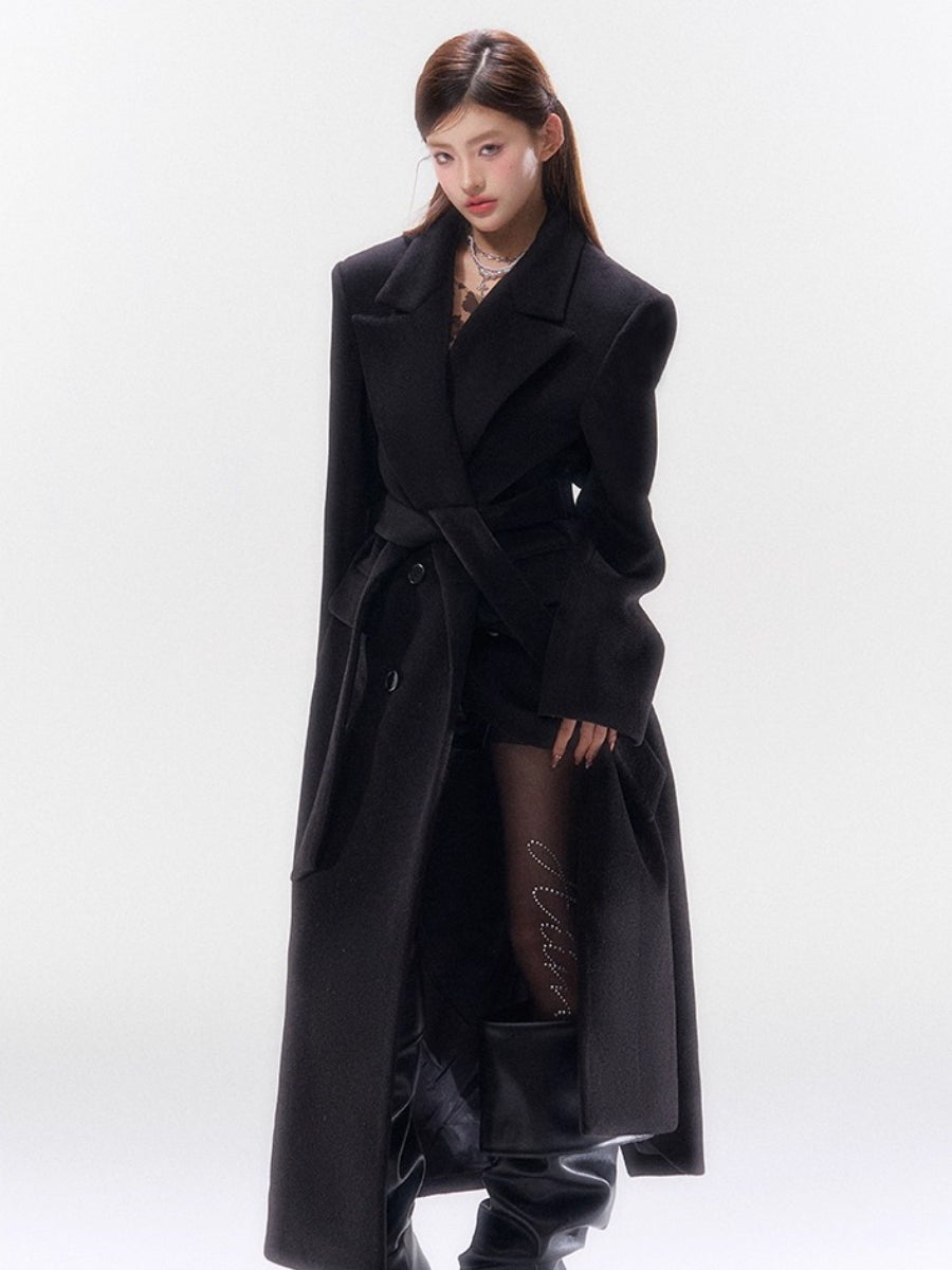 Hokkaido Wool-Blend Belted Lapel Long Coat