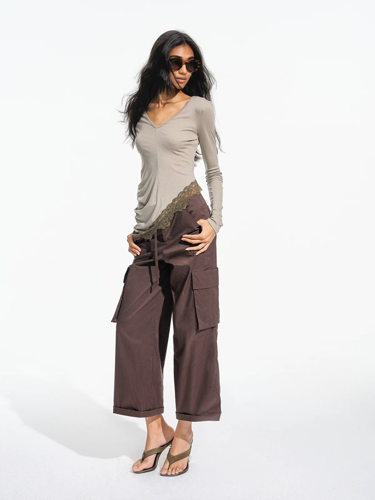 Asymmetric Lace Hem Long Sleeve Top