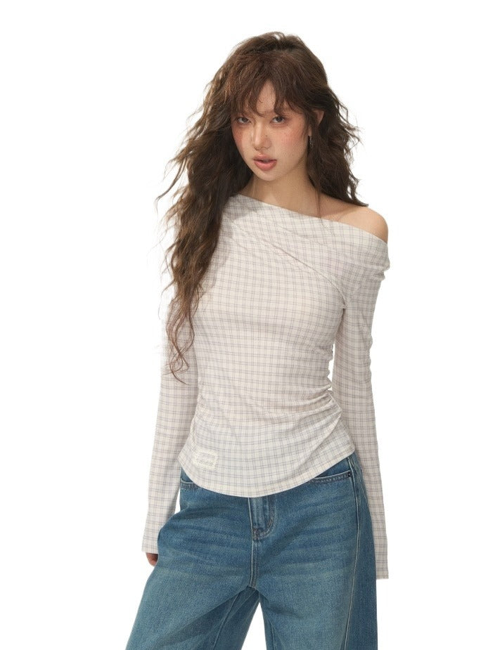 Velvet-Touch Plaid Draped Off-Shoulder Long Sleeve