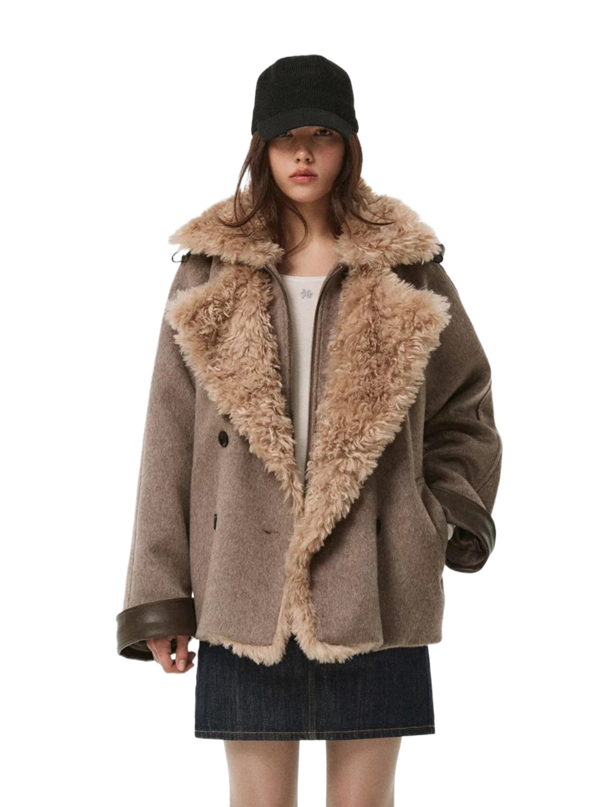 Faux Shearling Collar Wool Coat