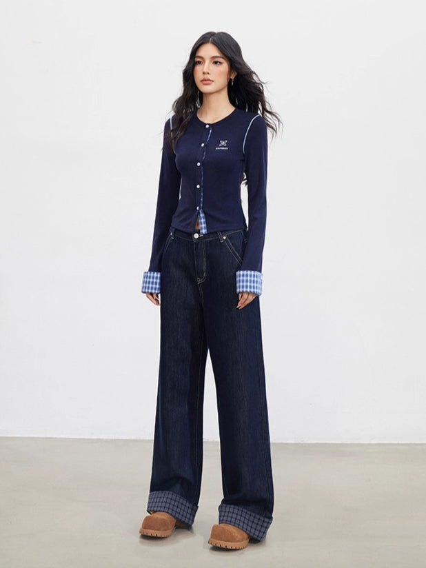 Navy Blue Plaid Patchwork Denim Wide-Leg Pants