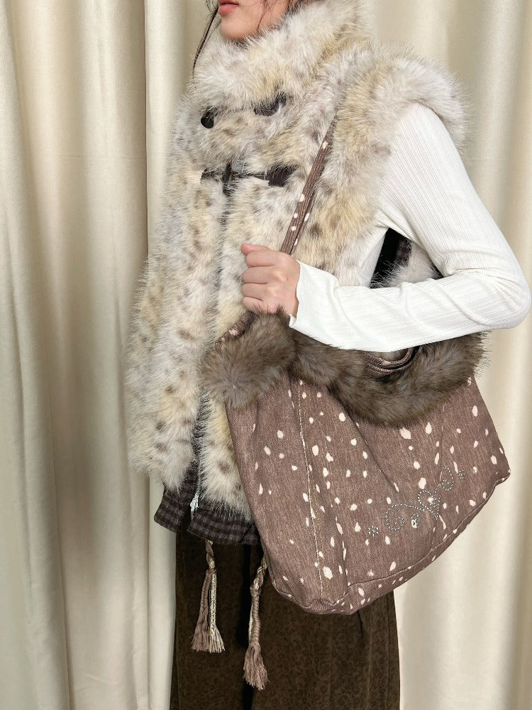 Deer Print Rhinestone Fur-Trim Tote