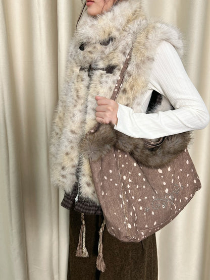 Deer Print Rhinestone Fur-Trim Tote