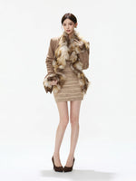 Gradient Fur Collar Suede Cropped Coat