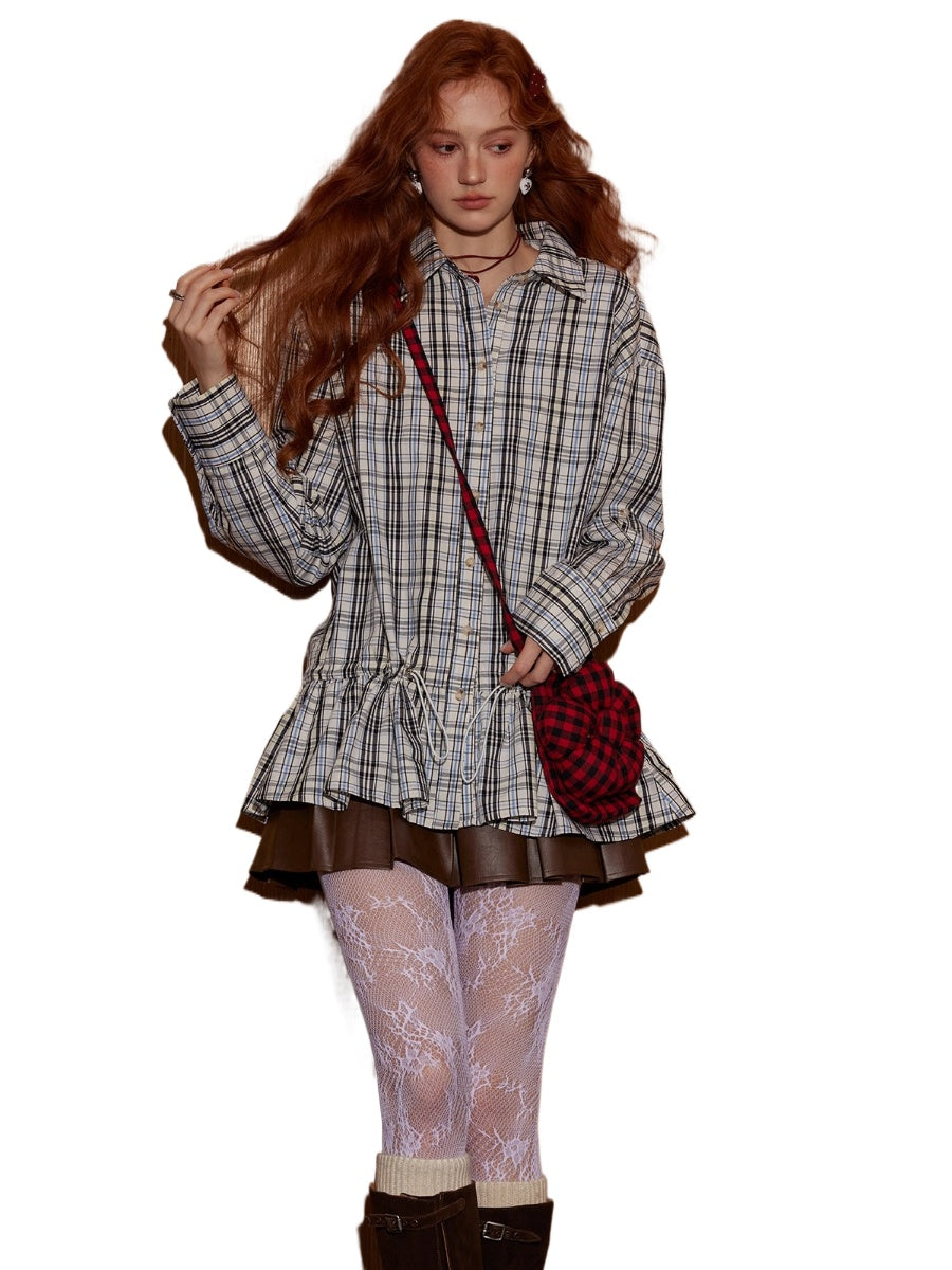 Drawstring Hem Plaid Long Shirt