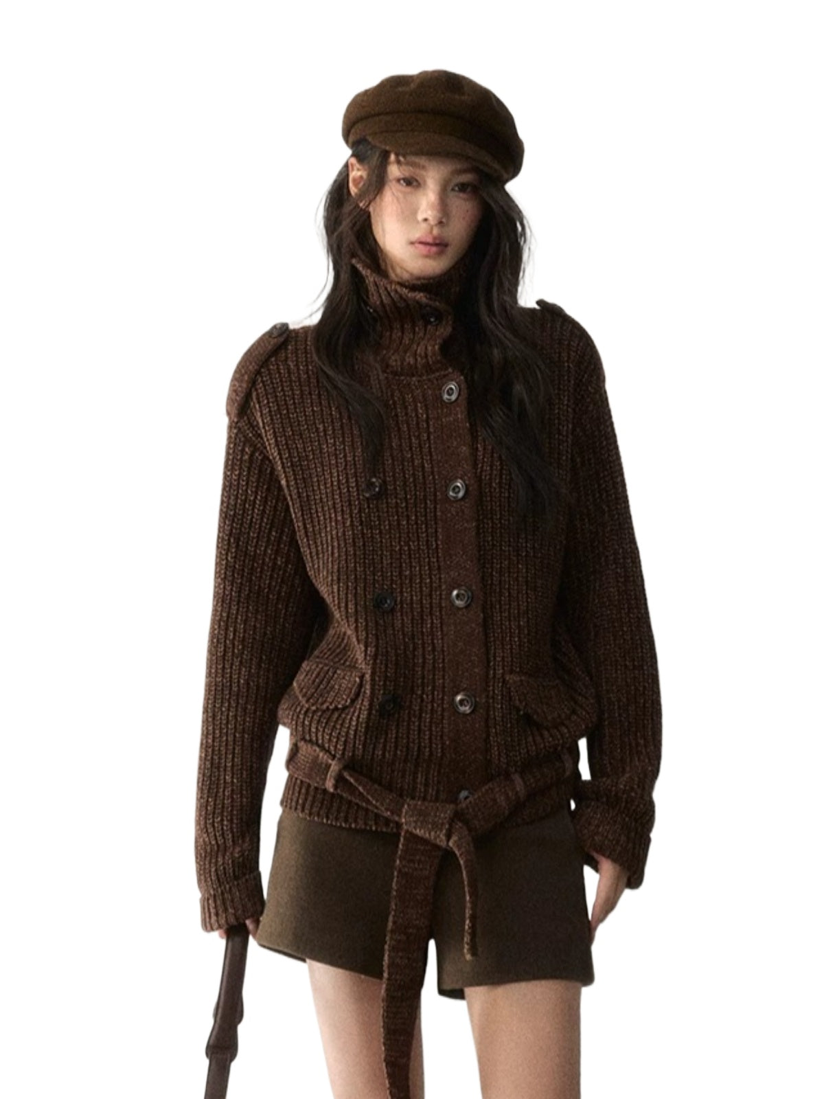 Double-Breasted Turtleneck Knit Cardigan
