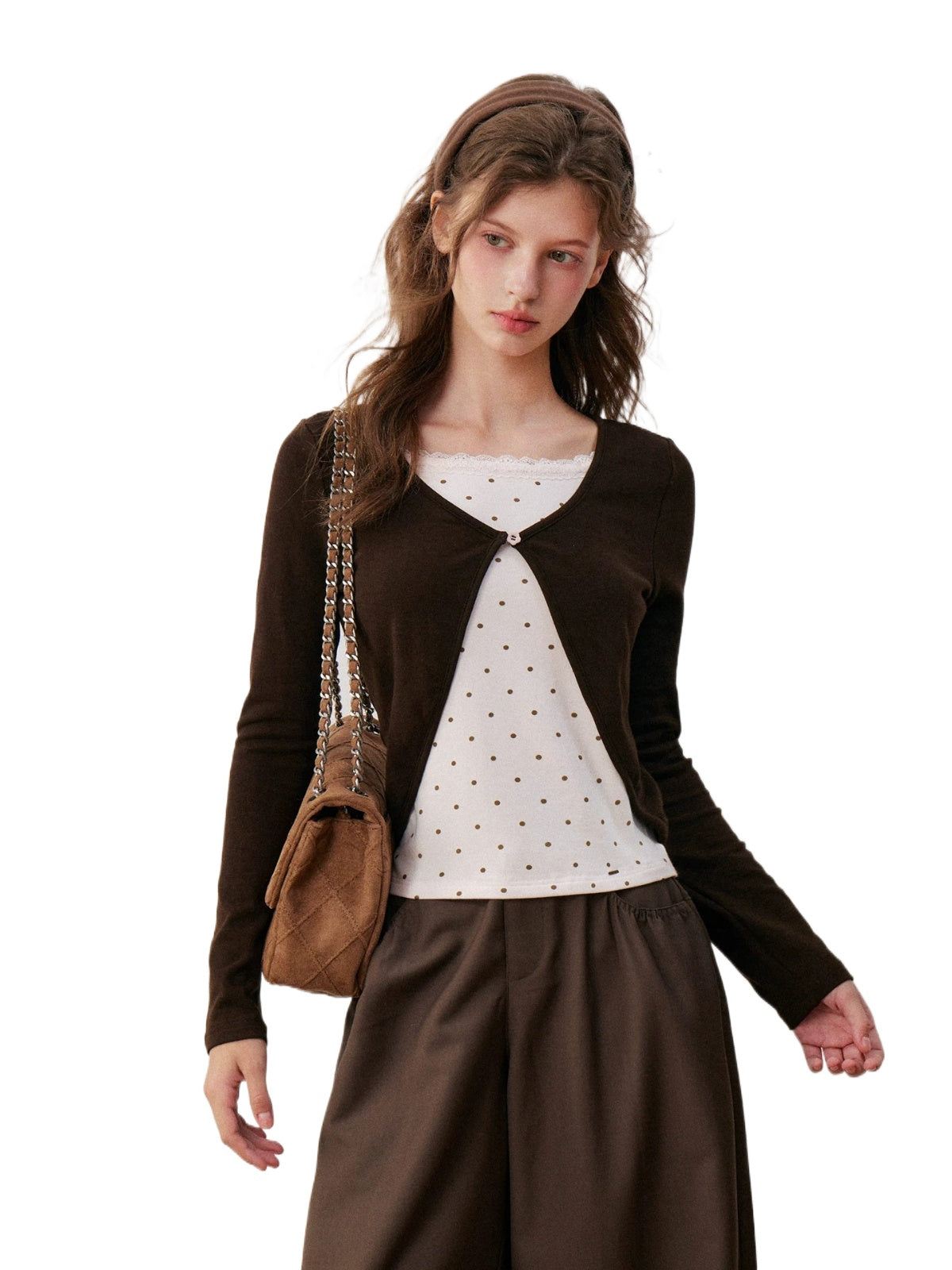 Rose Canele Contrast Polka Dot Knit Top
