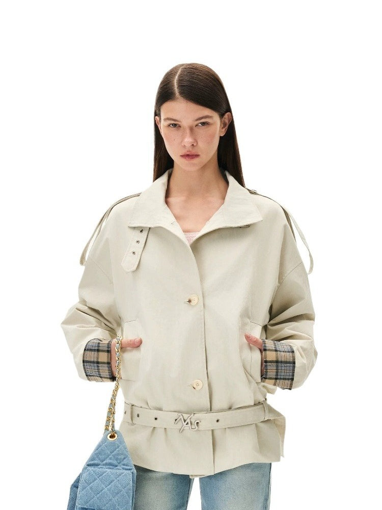 Plaid Contrast Belted Jacket
