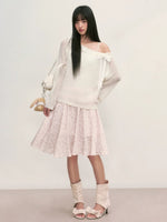 White Lace Knit Blouse & Skirt Set