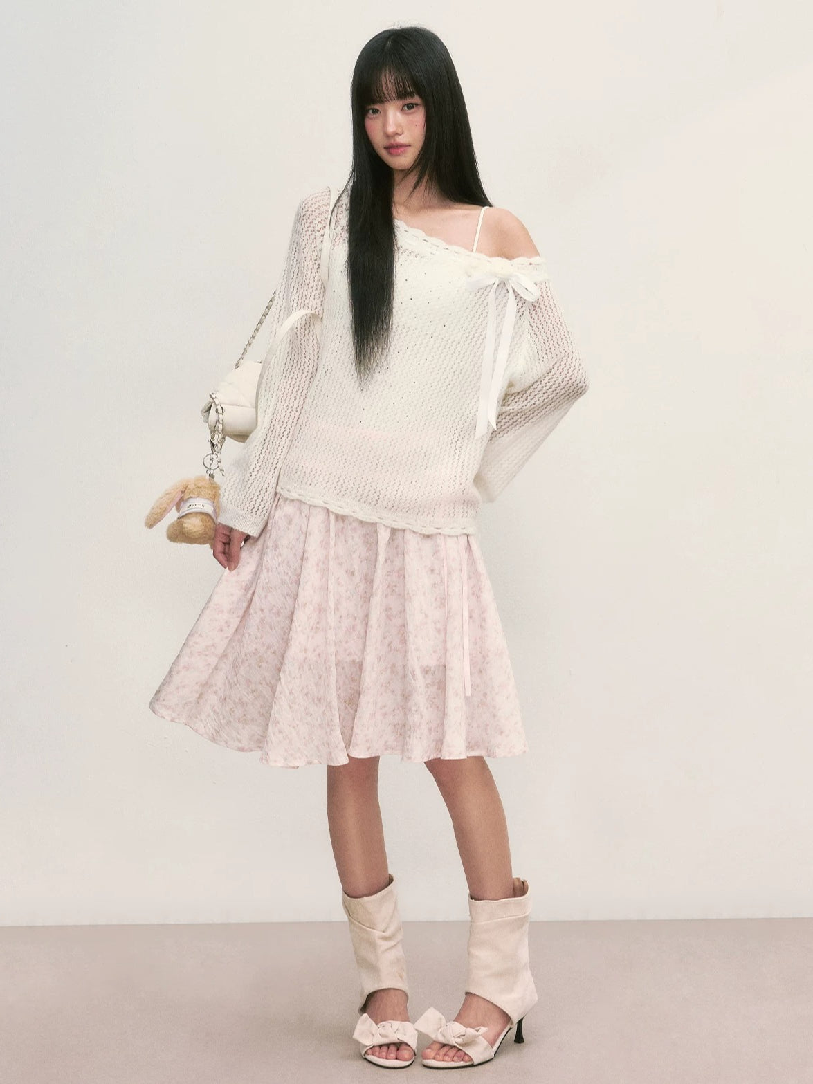 White Lace Knit Blouse &amp; Skirt Set