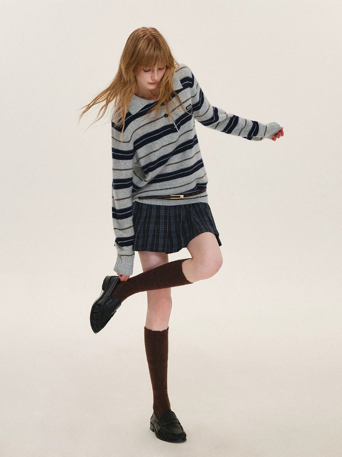 Contrast Waist Plaid Pleated Skirt
