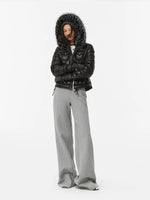 Denim Trim Fur-Collar Down Jacket
