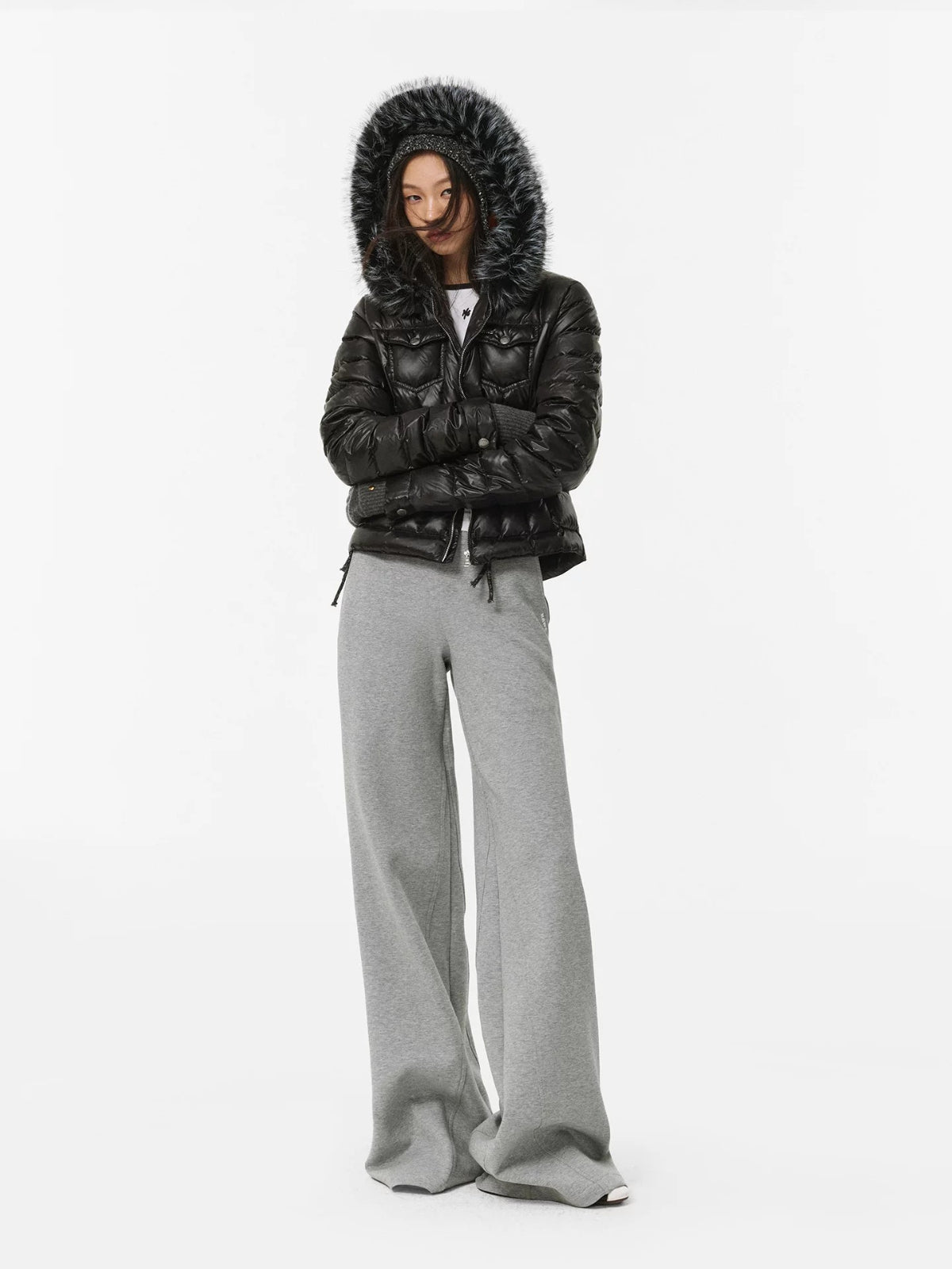 Denim Trim Fur-Collar Down Jacket