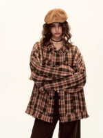 Checked Wool Blend Fringe Edge Shirt Jacket