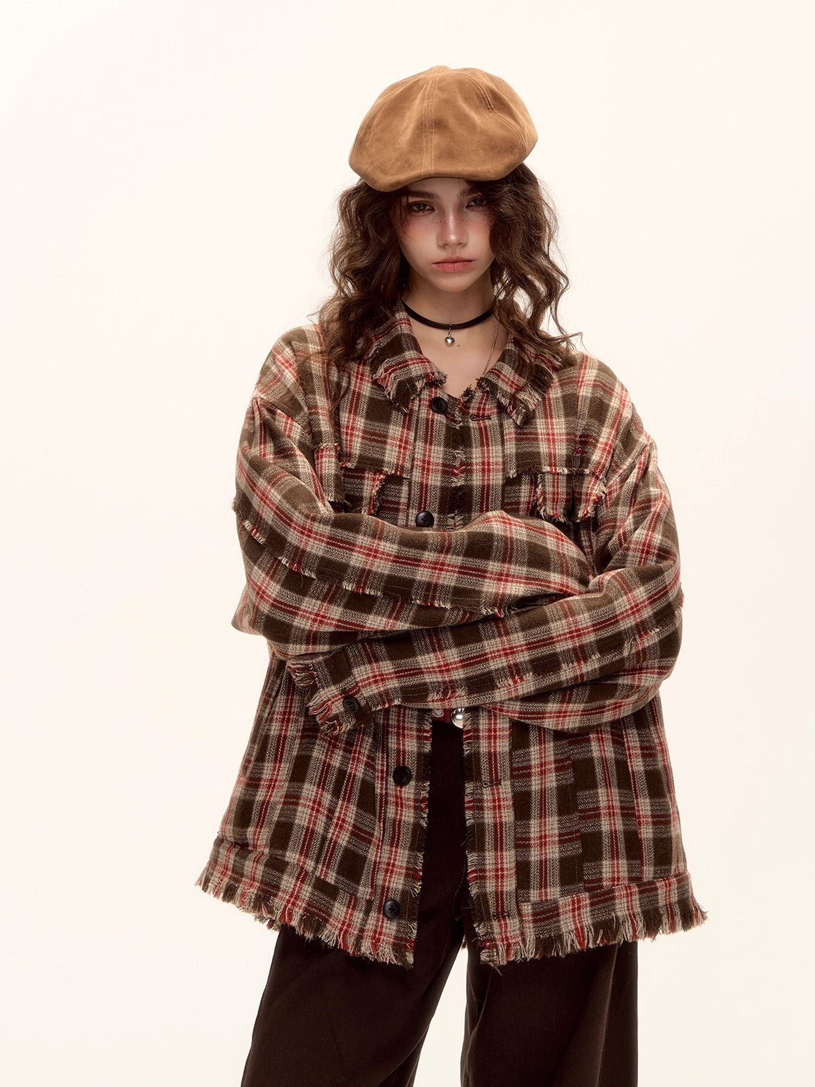 Checked Wool Blend Fringe Edge Shirt Jacket