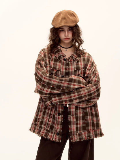 Checked Wool Blend Fringe Edge Shirt Jacket
