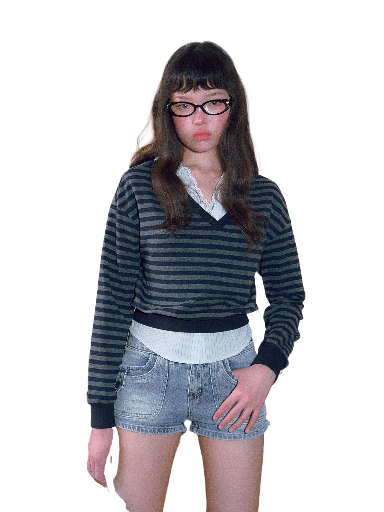Lace V-Neck Striped Shirt