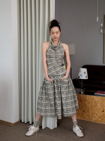 Plaid Halter Neck Backless Tank Top &amp; Midi Skirt Set