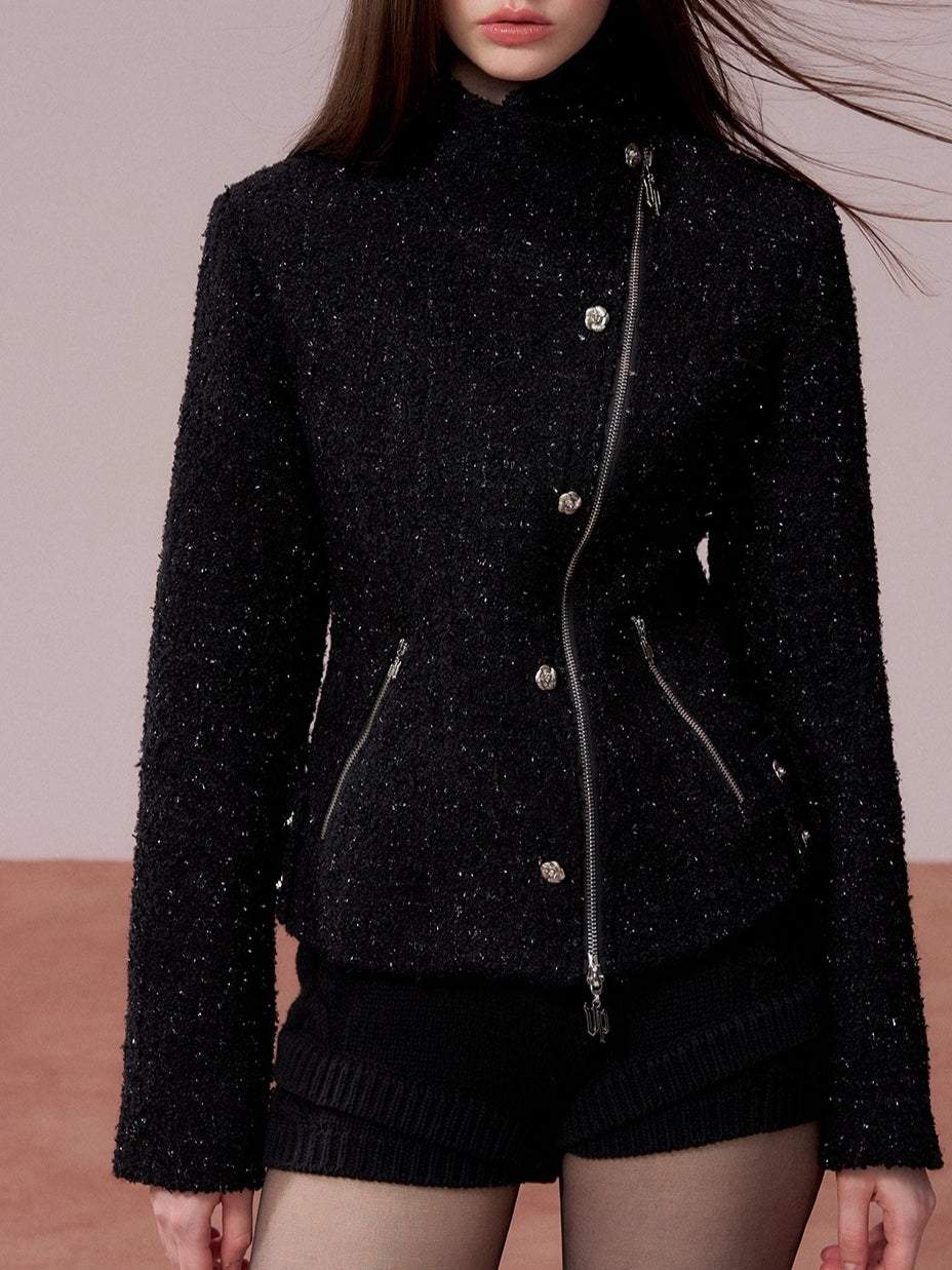 Sparkling Tweed High Neck Waist Cinching Jacket