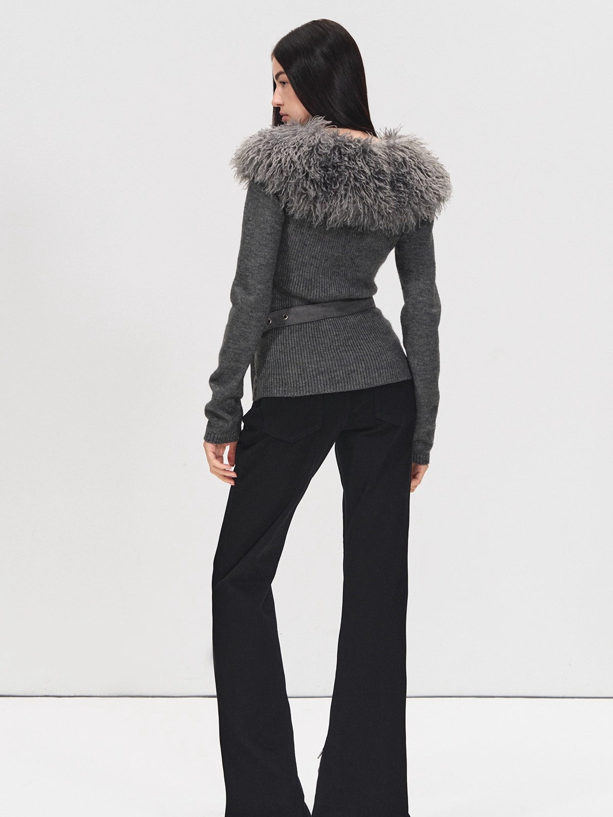 Detachable Fur Collar Suede Belted Cardigan