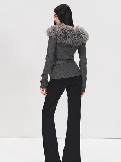 Detachable Fur Collar Suede Belted Cardigan