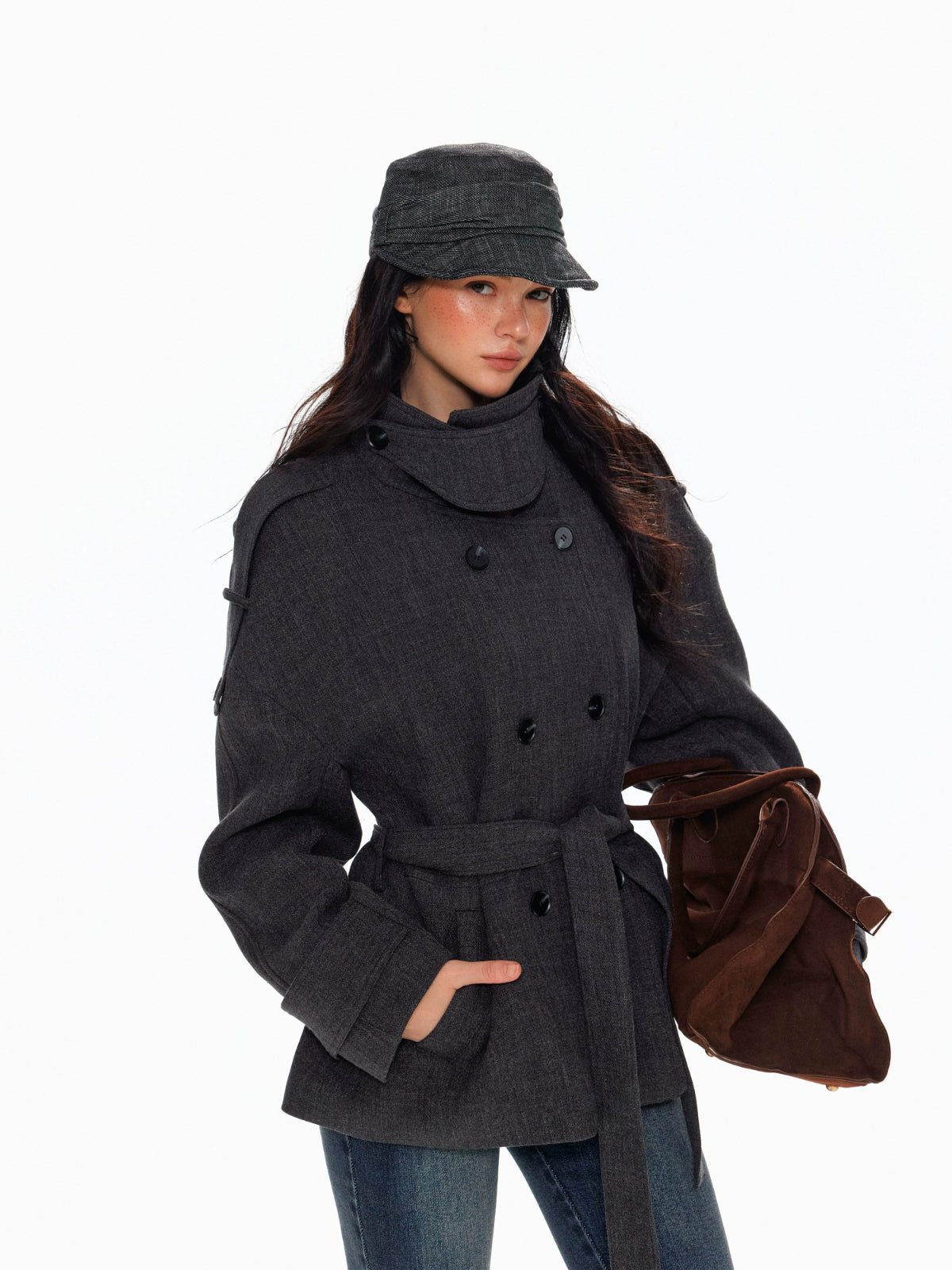 Wool Double Breasted Belted Short Coat