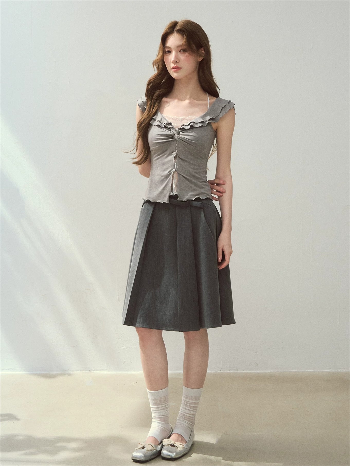 Pink &amp; Gray Ruffle Trim Blouse