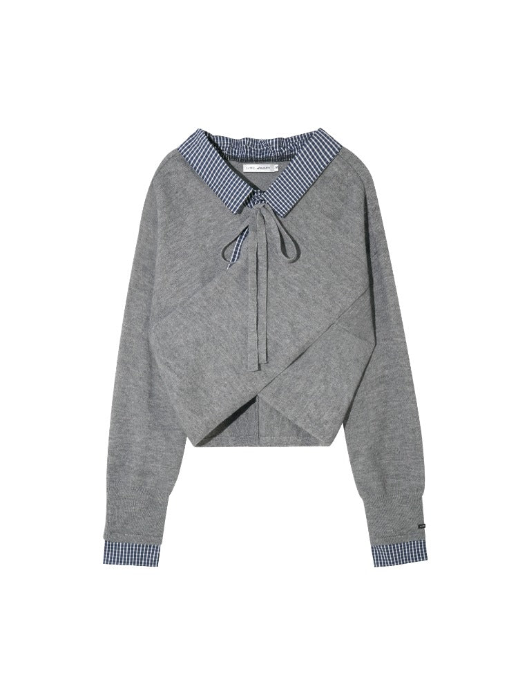 Off-Shoulder Plaid Panel Cross Sweater