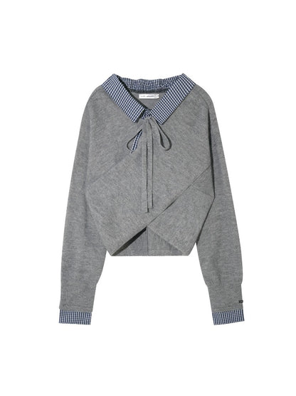 Off-Shoulder Plaid Panel Cross Sweater