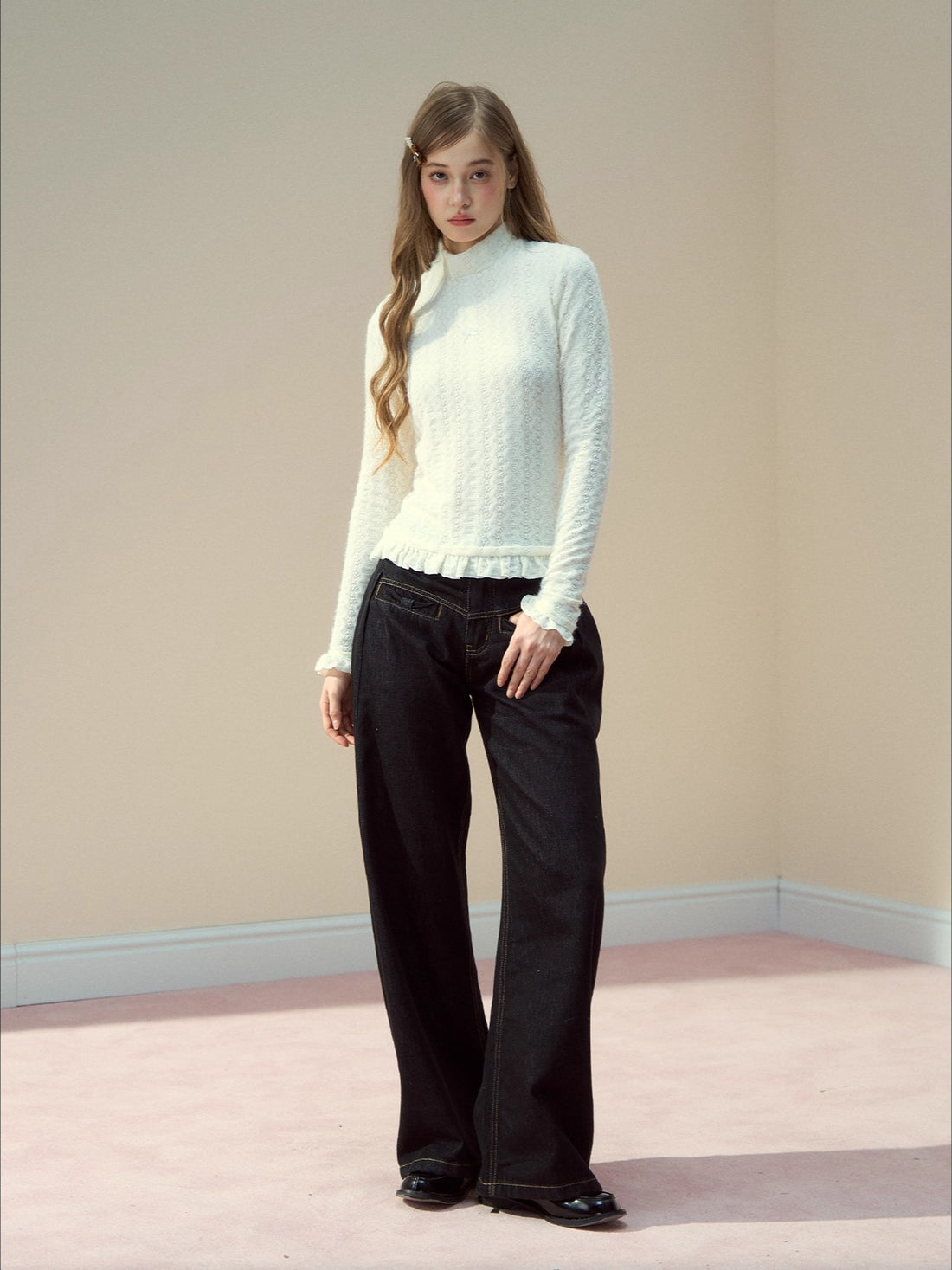 Layered Lace-Texture Mock Neck Knit Top