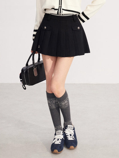 Color-blocked Waistband Pleated Skirt