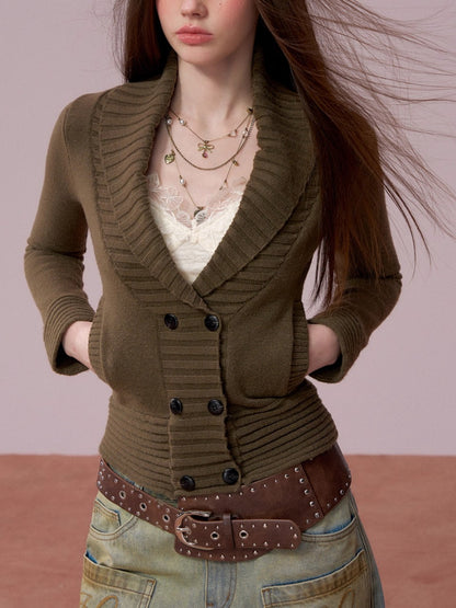 V-neck Double-breasted Knit Sweater