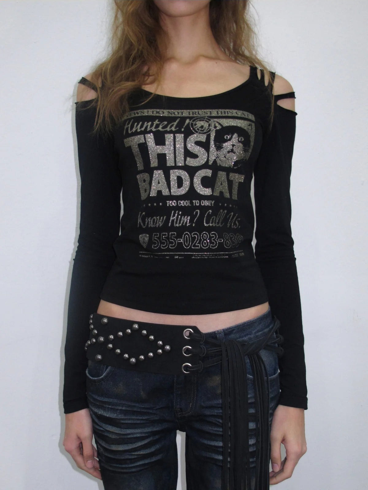 Cat Foil Print Cutout Top